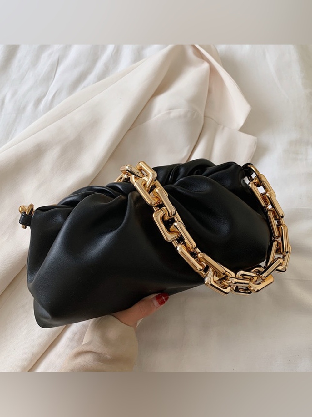 Black Pouch Shoulder Bag with Gold Chain